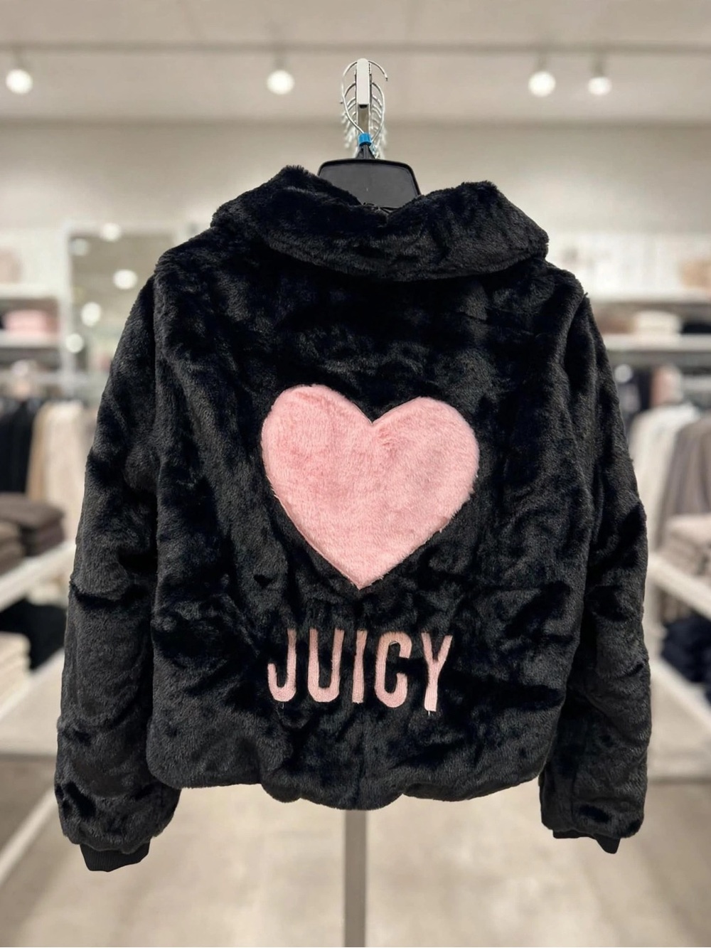 Juicy Couture Black Faux-Fur Jacket with Pink Heart Back